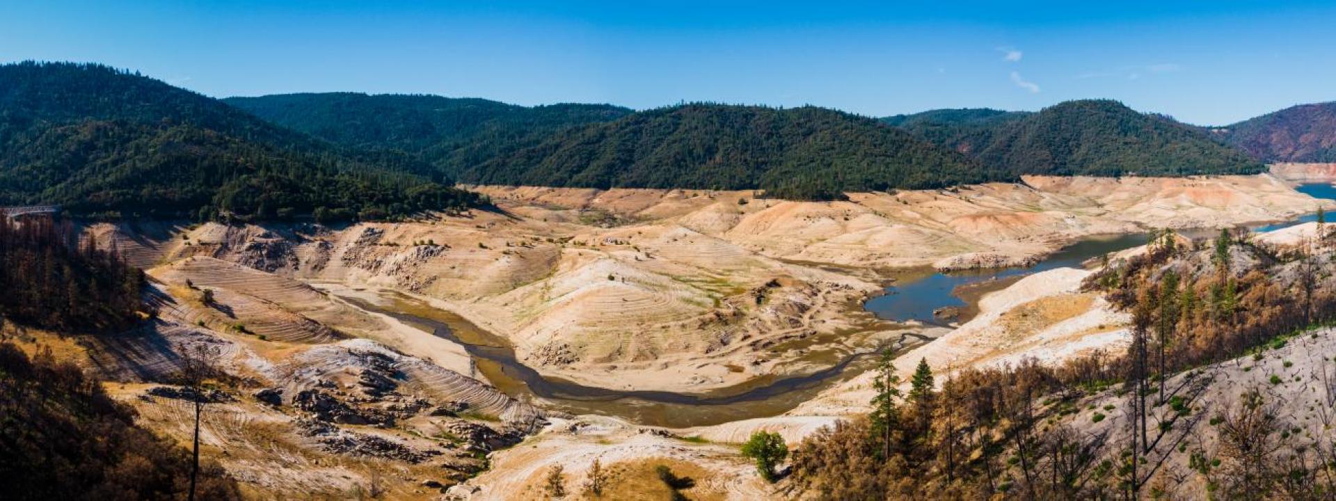 Panoramic view of Lake Oroville under 2021 drought conditions