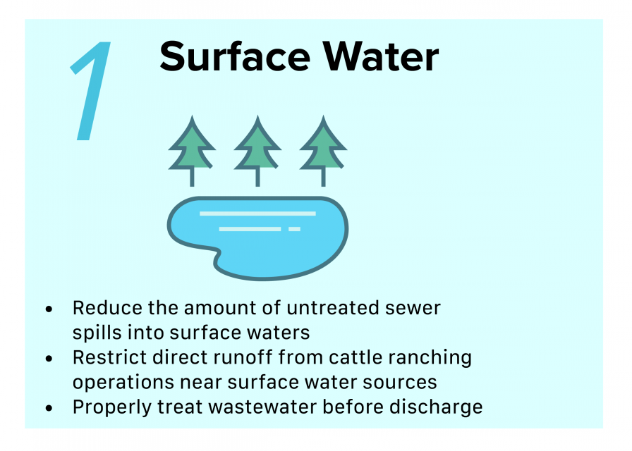 Infographic of Source Water Protection. Reduce the amount of untreated sewer spills into surface waters. Restrict direct runoff from cattle ranching operations near surface water sources