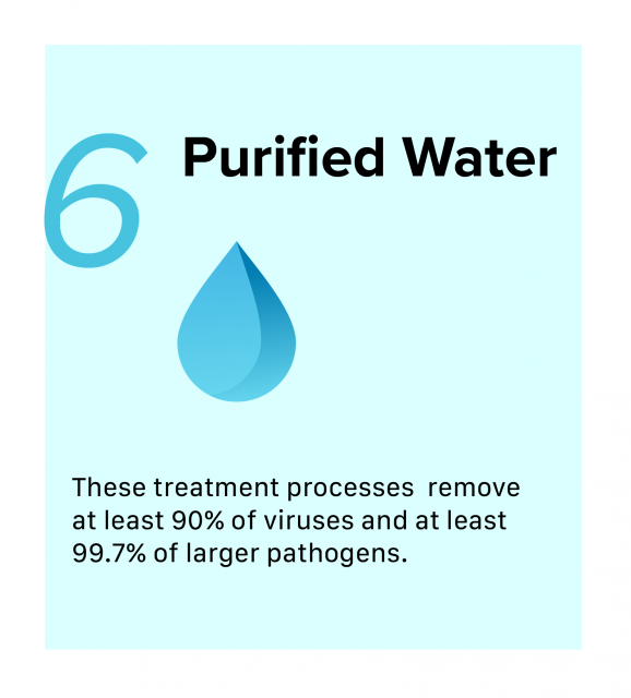 Infographic of water undergoing the final step of Surface Water Filtration, Purified Water. These treatment processes remove at least 90% of viruses and at least 99.7% of larger pathogens