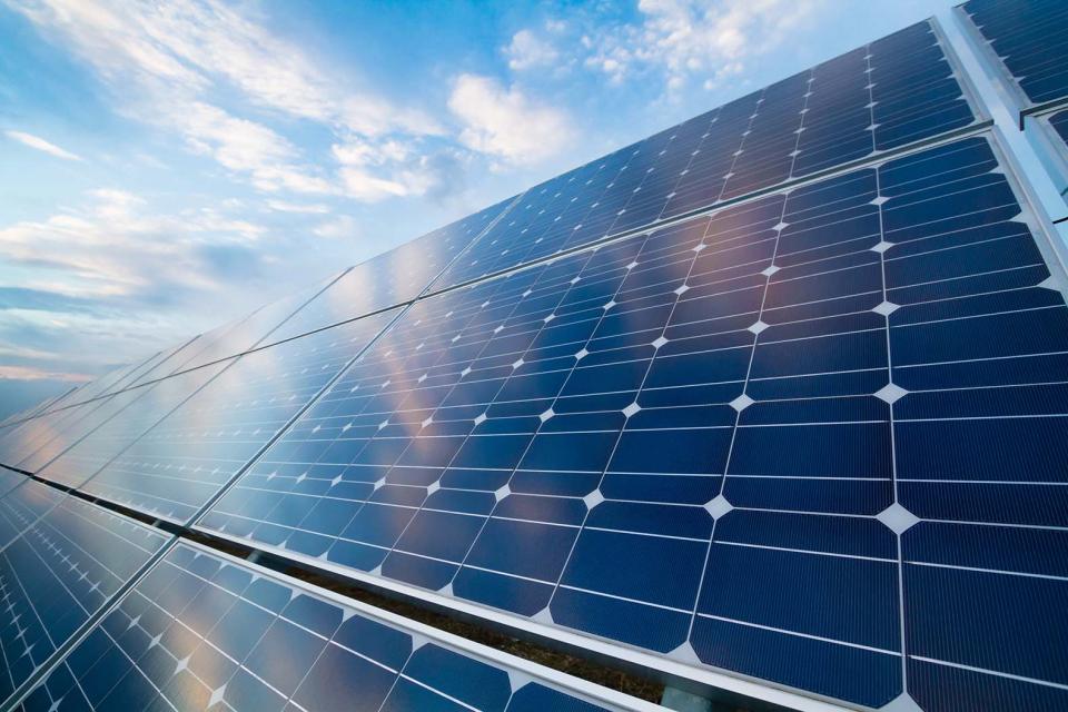 An angled close-up of a large solar panel.