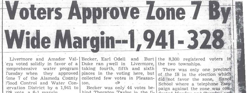 Black and White newspaper clipping reading Voters Approve Zone 7 By Wide Margin - 1,941 - 328