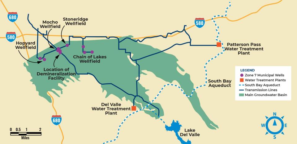 A map indicating the water treatment facilities and wellfields in the Tri-Valley area