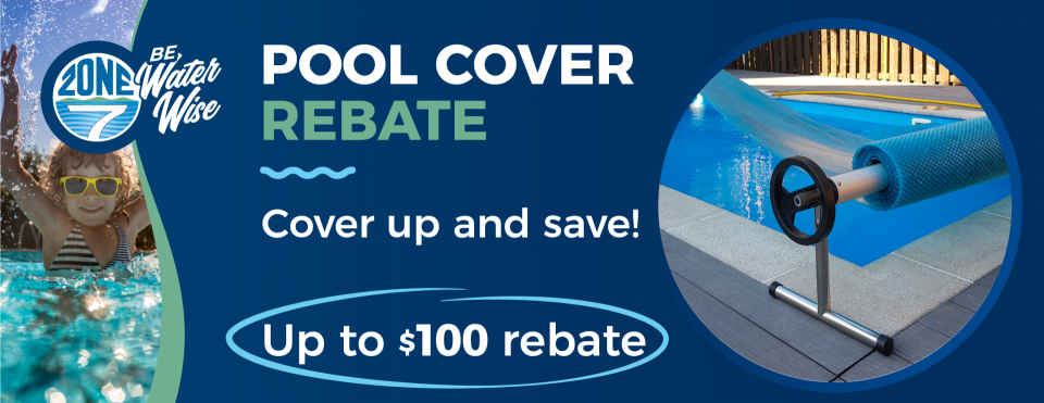 Pool Rebate Cover graphic with image of pool cover and child playing in pool