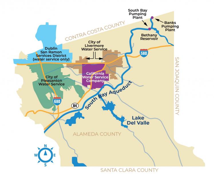 A map showing the flow of the South Bay Aqueduct through the Tri-Valley Area and the service areas of the four retailers