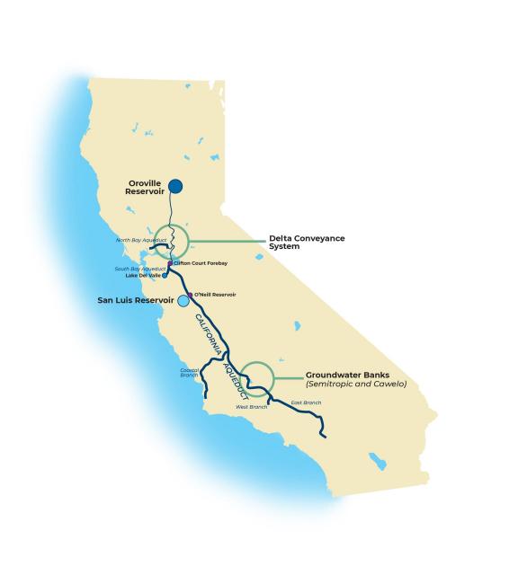 A map of the State of California showing the Oroville Reservoir, the Delta Conveyance System and the groundwater banks utilized by Zone 7 in Southern California