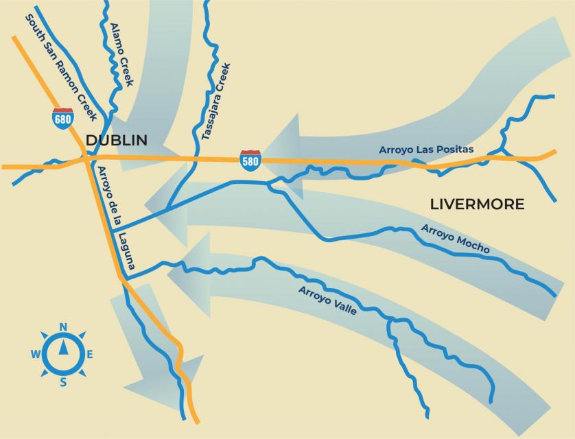 Map showing the Arroyo Mocho, Arroyo las Positas and Arroyo del Valle feeding into the Arroyo de la Laguna.