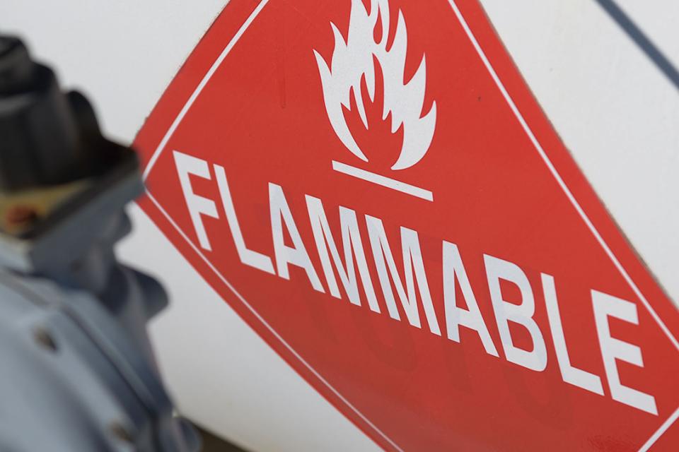 Flammable hazard placard on tank