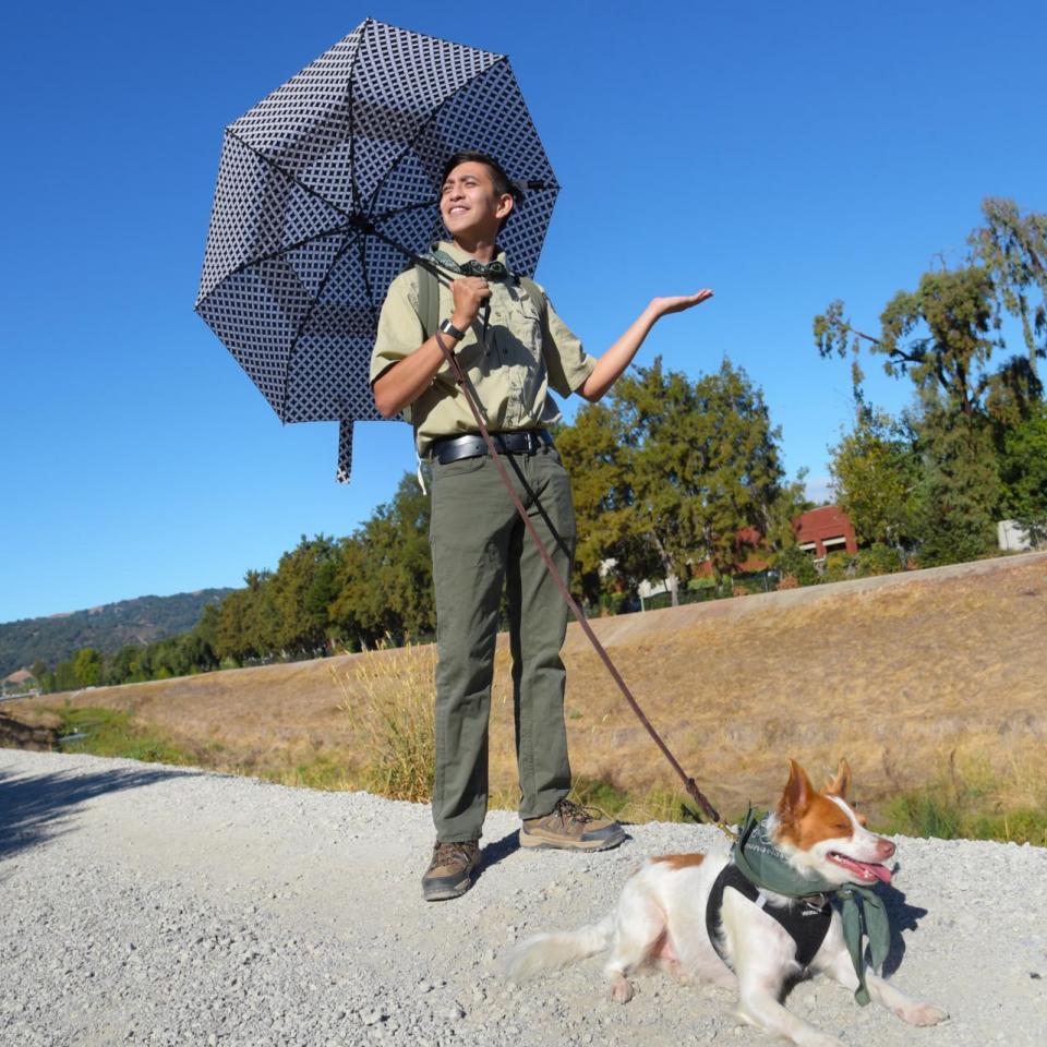 Flood Ready Freddy holding an open umbrella over his shoulder and a dog leash in his right hand. Medium white and brown dog laying on gravel road