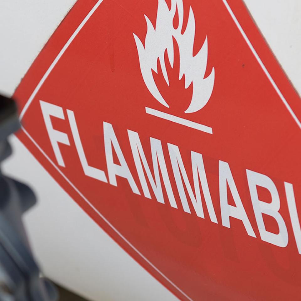Flammable hazard placard on tank