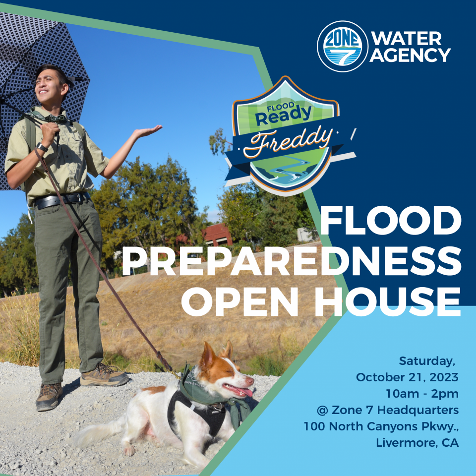 Picture of Flood Ready Freddy and his dog scout waiting for rain; Text: Flood Preparedness Open House, October 21, 10am to 2pm