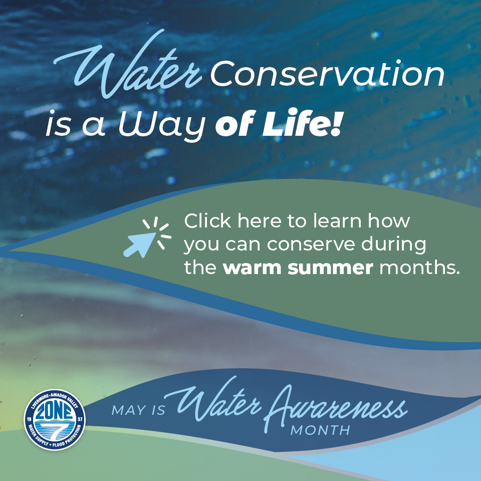Water Awareness Month background with text that reads click here to learn about conserving water in the summer.