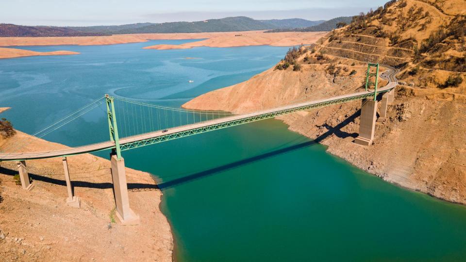 View  of Lake Oroville at Bidwell Bridge in August 2021 during drought